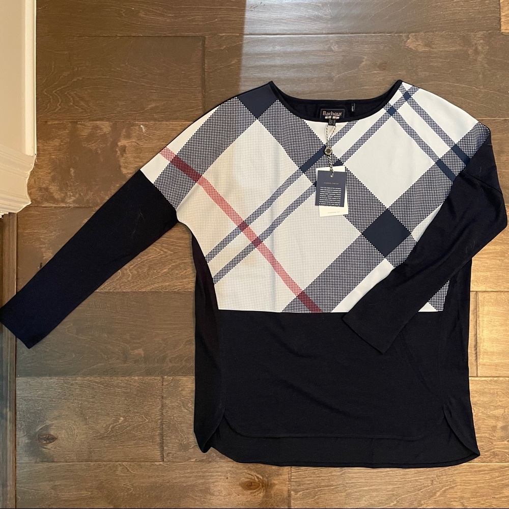Barbour Navy and White Plaid Long Sleeve Top